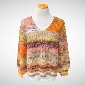 Lou & Grey for Loft Ombre Pullover Striped V-Neck Sweater Bishop Sleeves